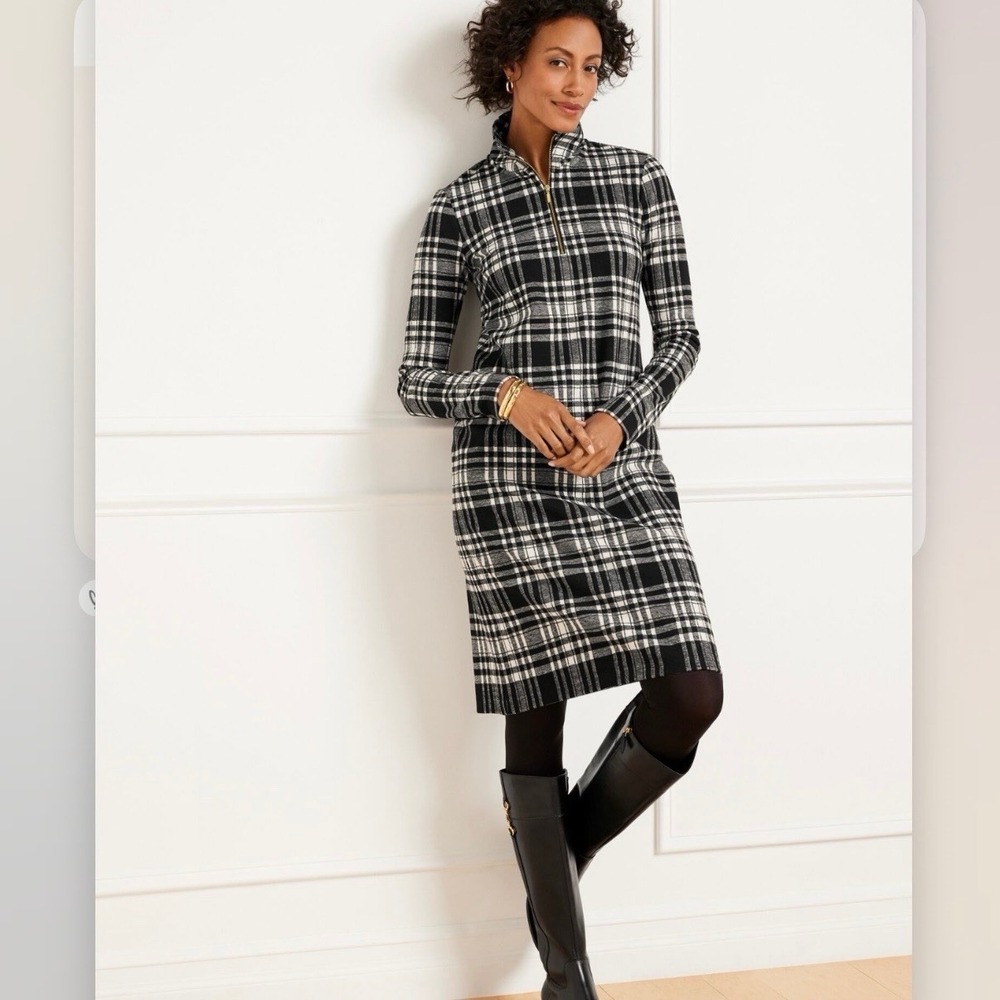 Talbots Black White Plaid Jacquard Half-Zip Shift Dress Office Teacher LARGE